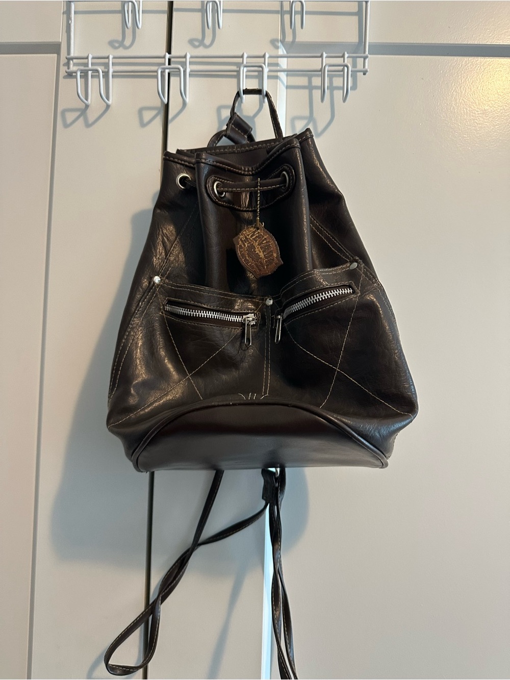 Black Leather Drawstring Backpack Shoulder Bag